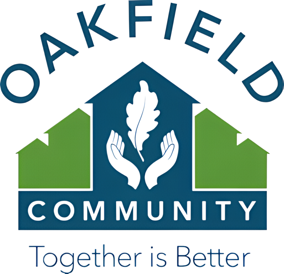 Oakfield Community logo: Houses frame a central house with hands holding an oak leaf.