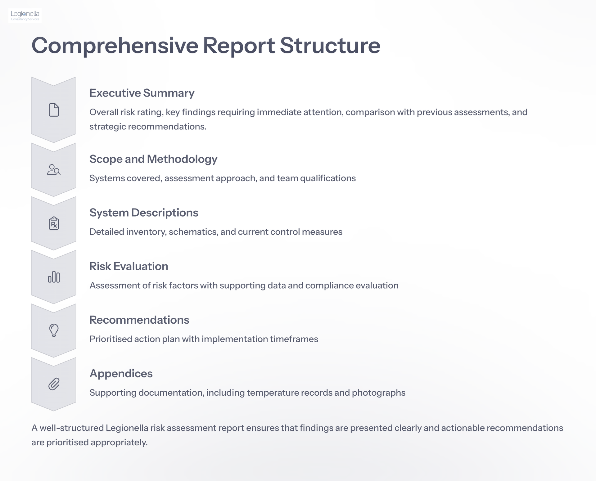 A comprehensive report structure is shown on a white background.