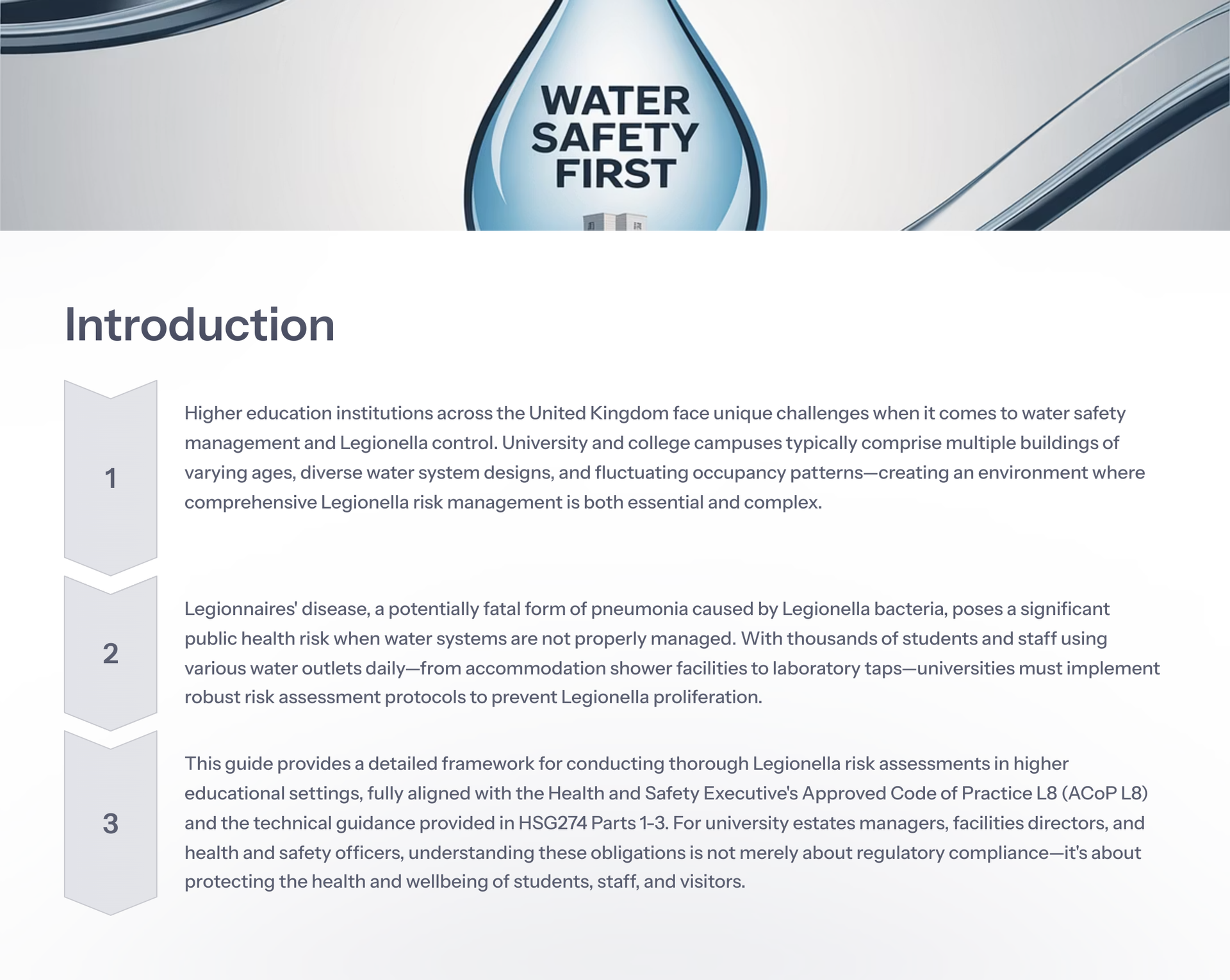 A water safety first introduction page with a drop of water on it.