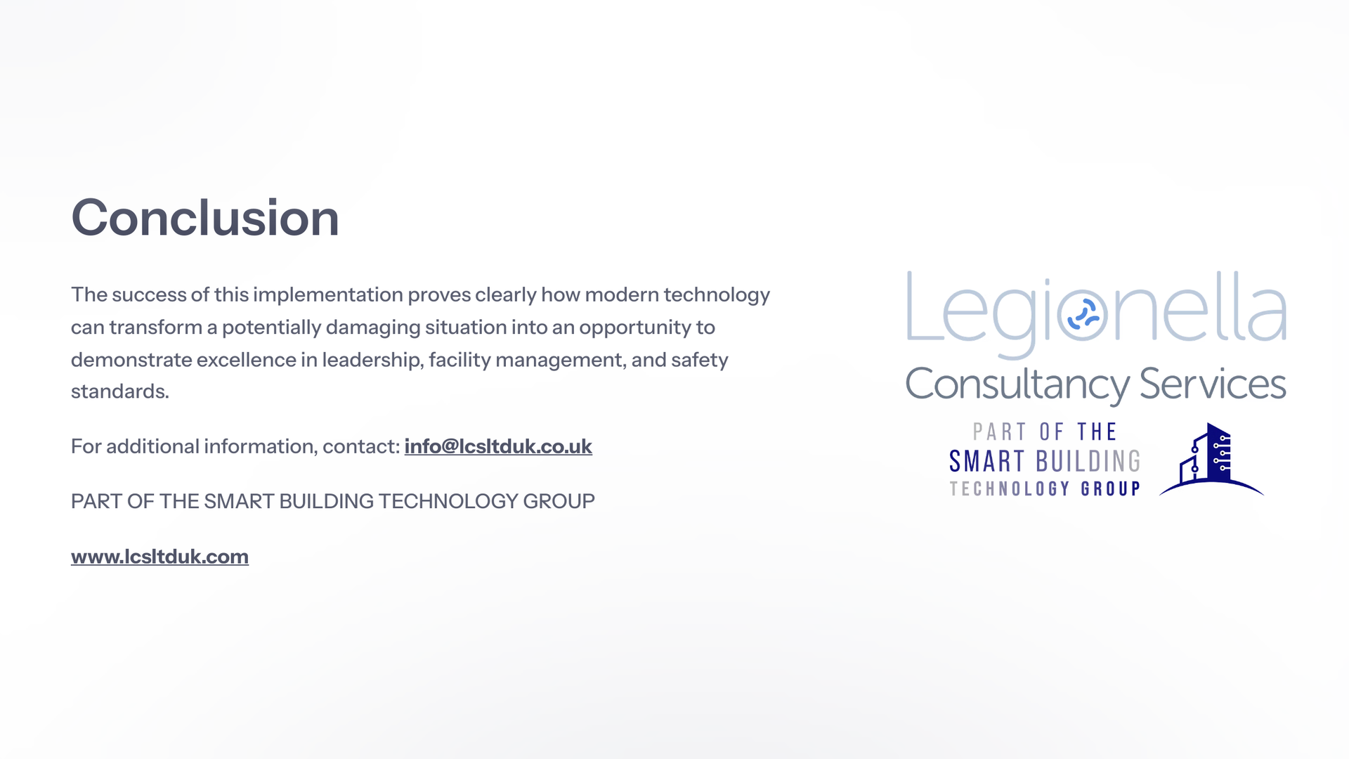 A white page with a conclusion and a logo for legionella consultancy services.