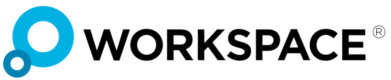 Logo for Workspace, featuring two blue circles and black text.