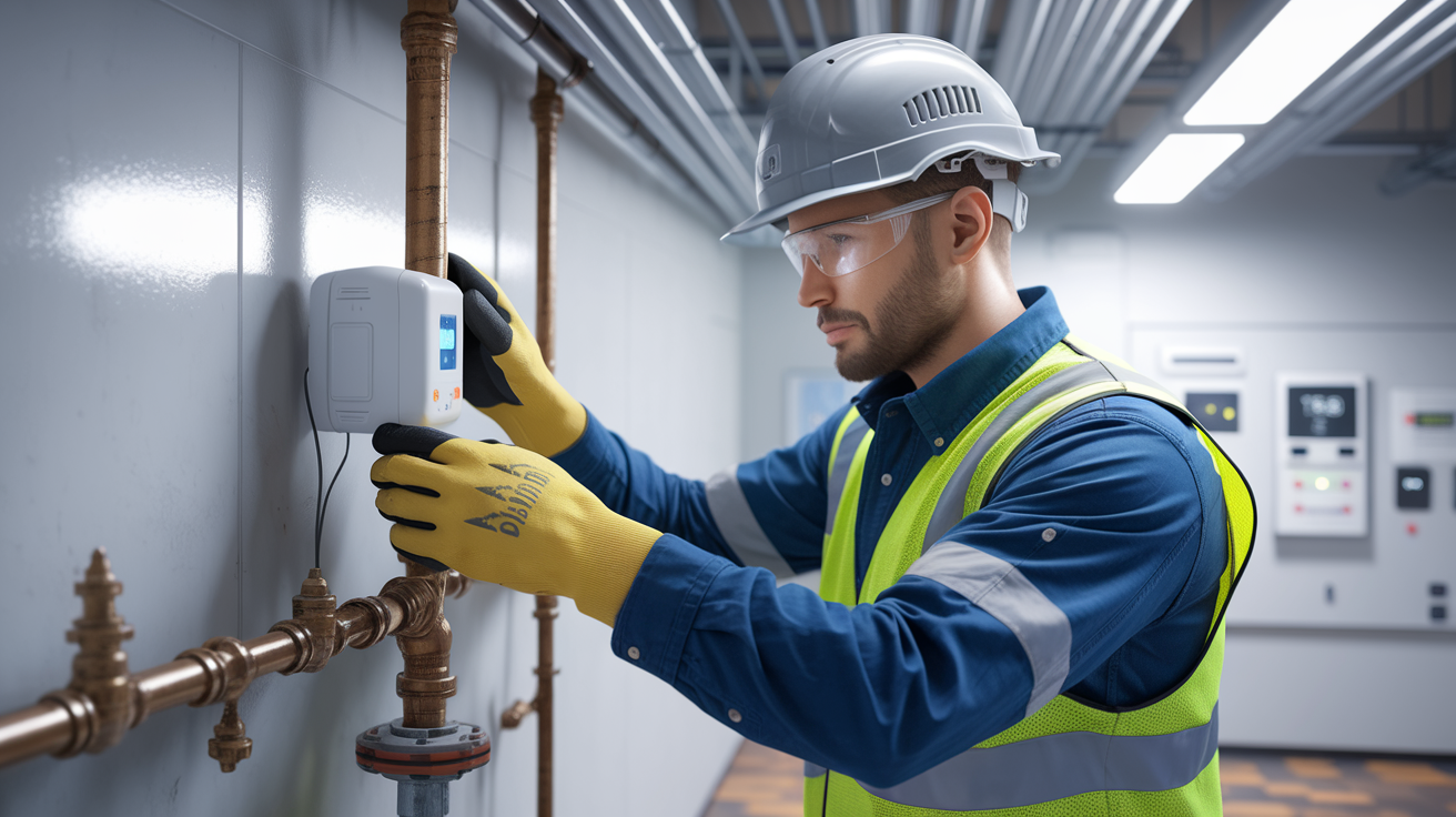 Man in hard hat and safety glasses examines pipes and gauges in a mechanical room.