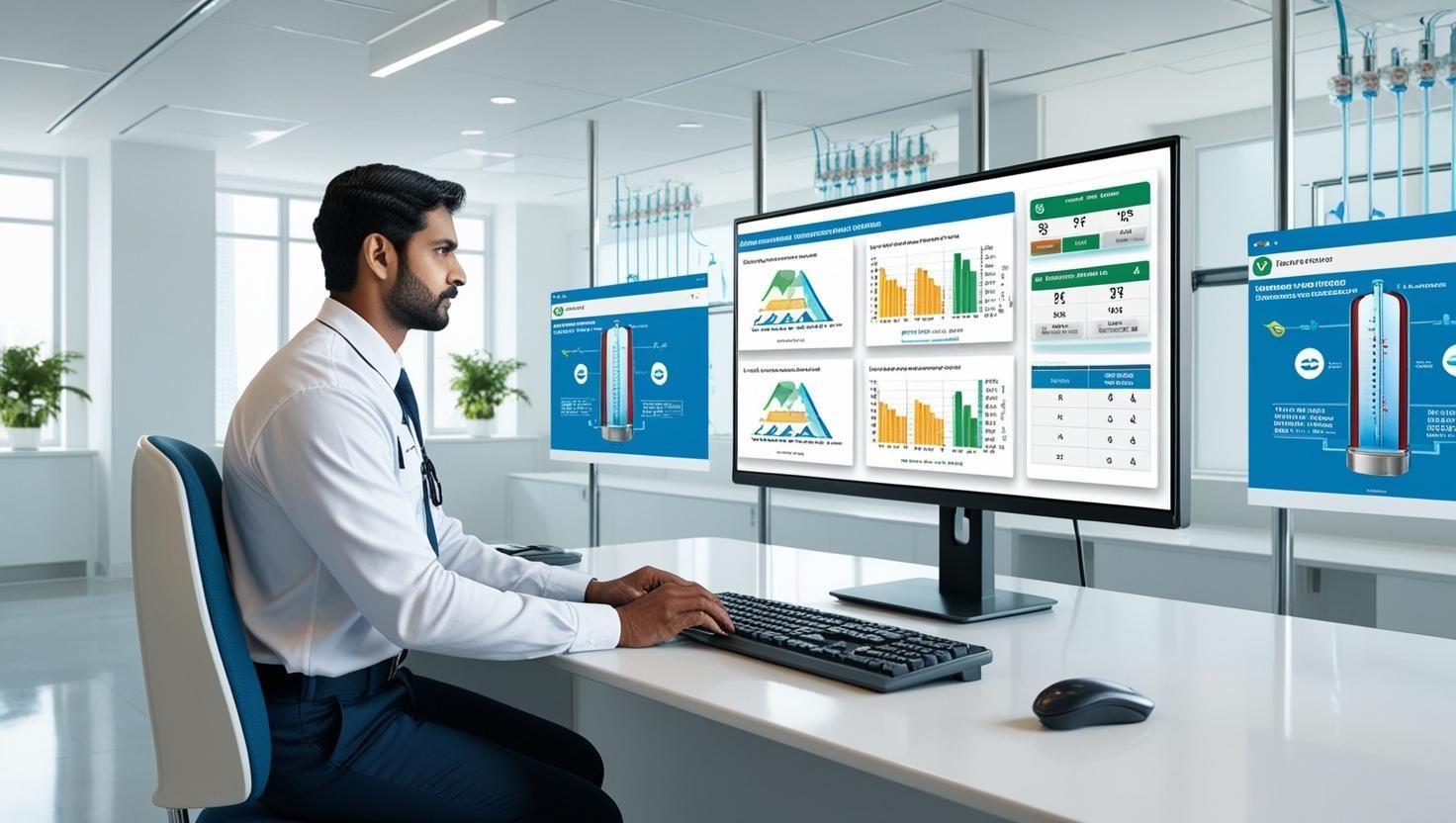 A person examines a complex plumbing system, writing on a clipboard. The system has red and blue pipes in a utility room.
