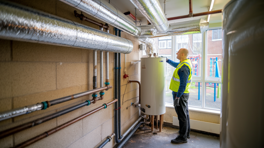 Man in a safety vest inspecting water heater in an industrial setting, near pipes and ductwork.