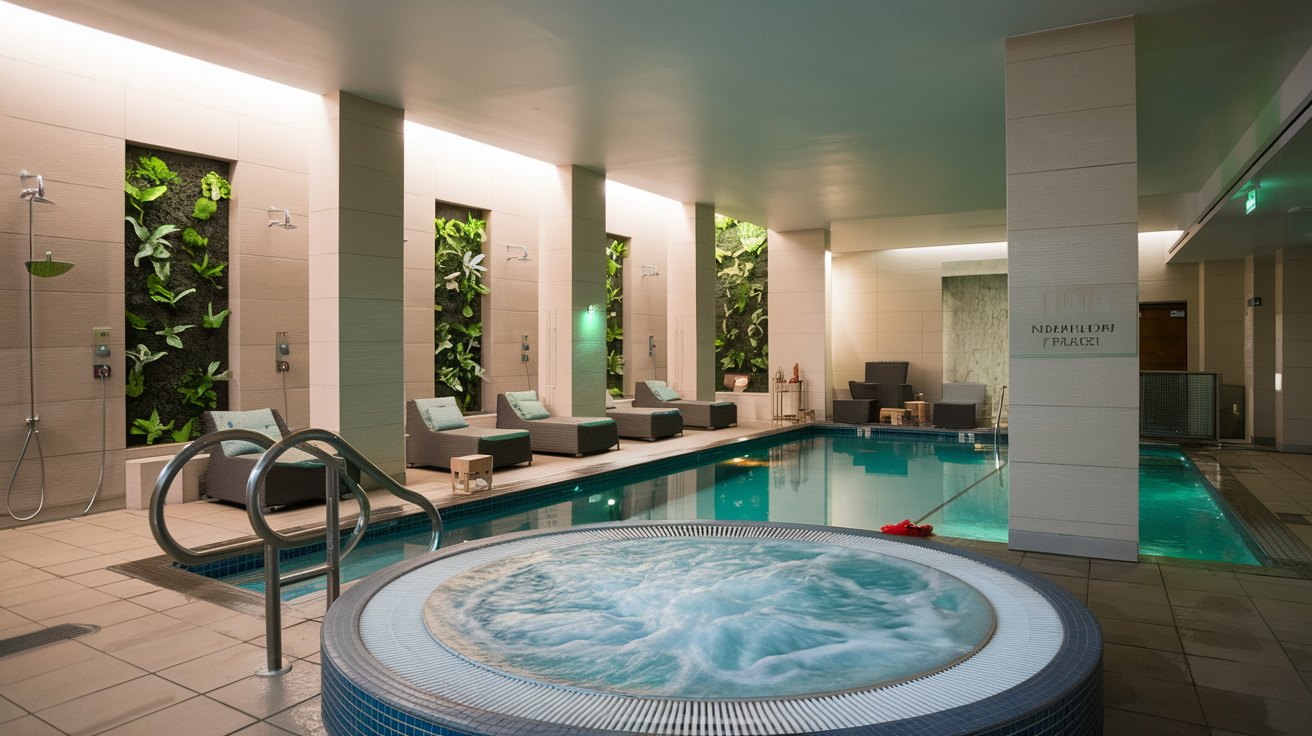 A large indoor swimming pool with a hot tub in the middle.