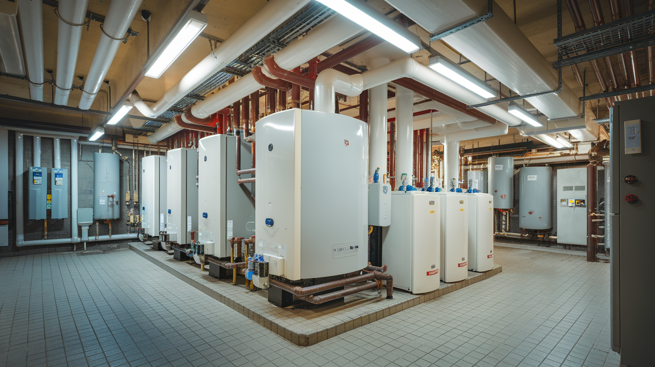 A large room filled with lots of boilers and pipes.