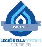 Logo for Legionella Dossier Certified partner. Blue water drop with flame design, and 