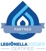 Legionella Dossier Certified Partner badge with blue teardrop design, ribbon with 