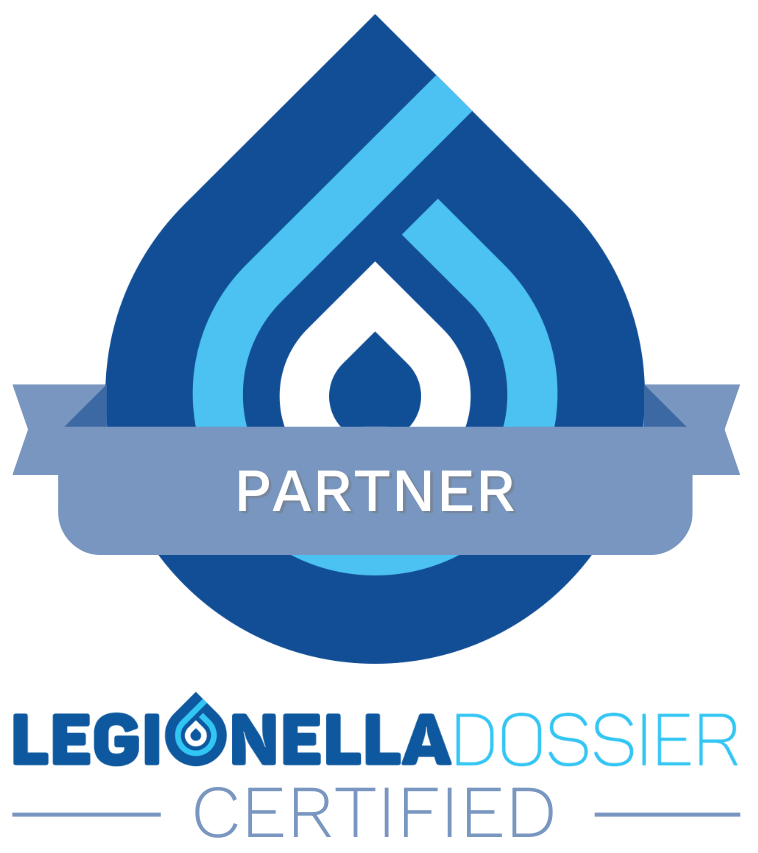 Legionella Dossier Certified Partner badge with blue teardrop design, ribbon with