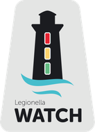 Lighthouse with traffic light colors (red, yellow, green) over stylized blue waves; 
