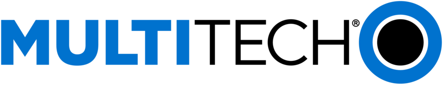 Logo for Multitech, the word “Multitech” in blue and black text with a blue and black circle.