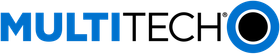 Logo for Multitech, blue and black text with an eye icon.