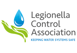 Logo: Blue water drop in green hand, 