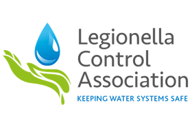 Logo of Legionella Control Association: blue water drop in green hand, text 