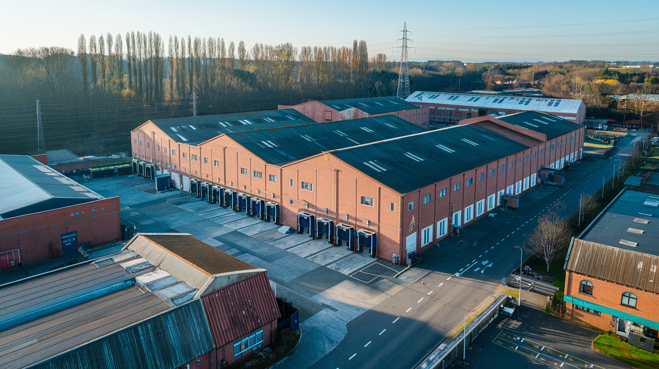 An aerial view of a large brick building with a lot of cars parked in front of it.