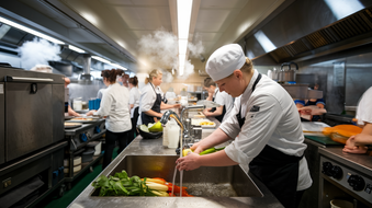 A chef is washing vegetables in a kitchen sink.
