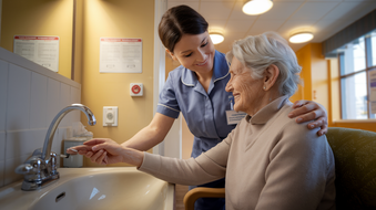 A nurse is helping an elderly woman wash her hands in a sink.