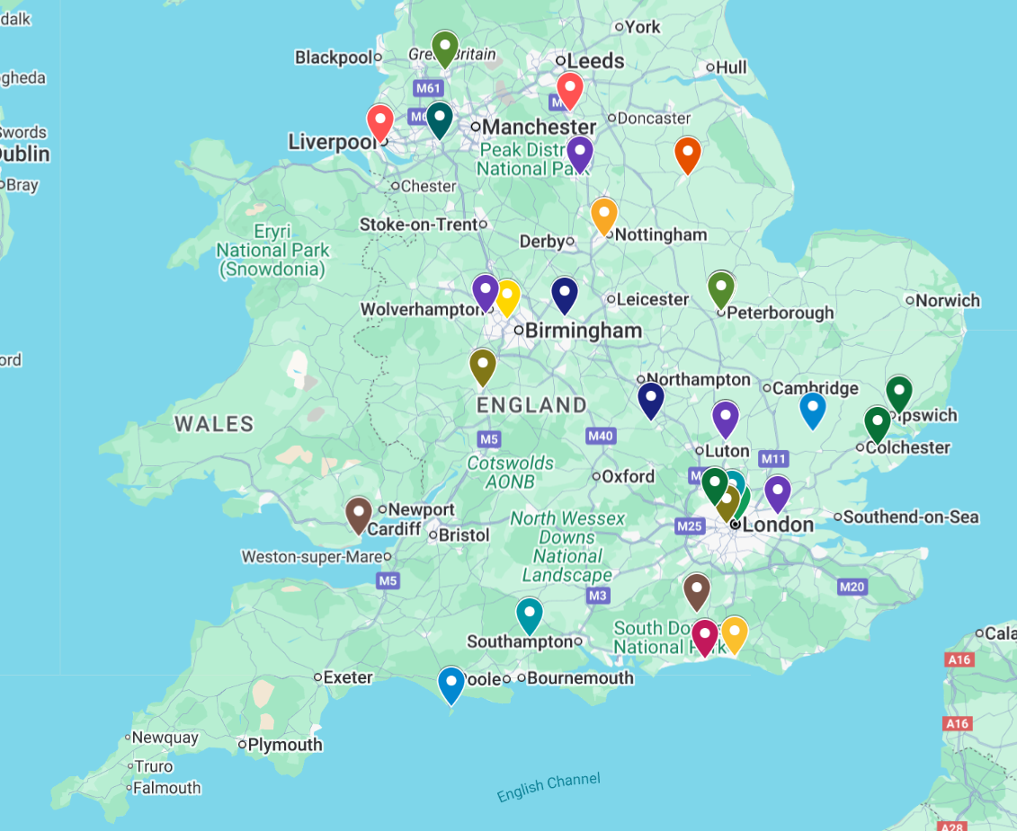 Map of England with colored pins marking various locations.