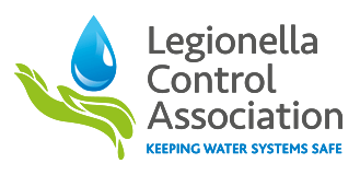 Logo of the Legionella Control Association: a blue water drop held by green hands, text reads, 