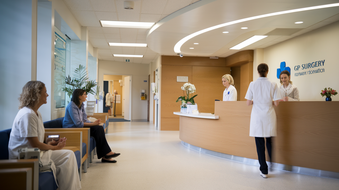 A group of people are waiting in a hospital lobby.