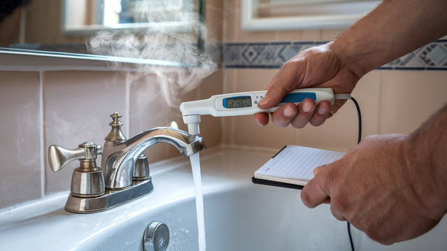 A person is holding a thermometer over a bathtub with steam coming out of it.