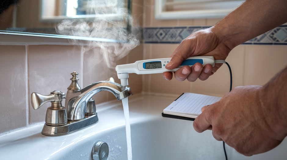A person is holding a thermometer over a bathtub with steam coming out of it.