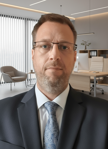 Man in suit and glasses, in office setting, looking directly at the camera.