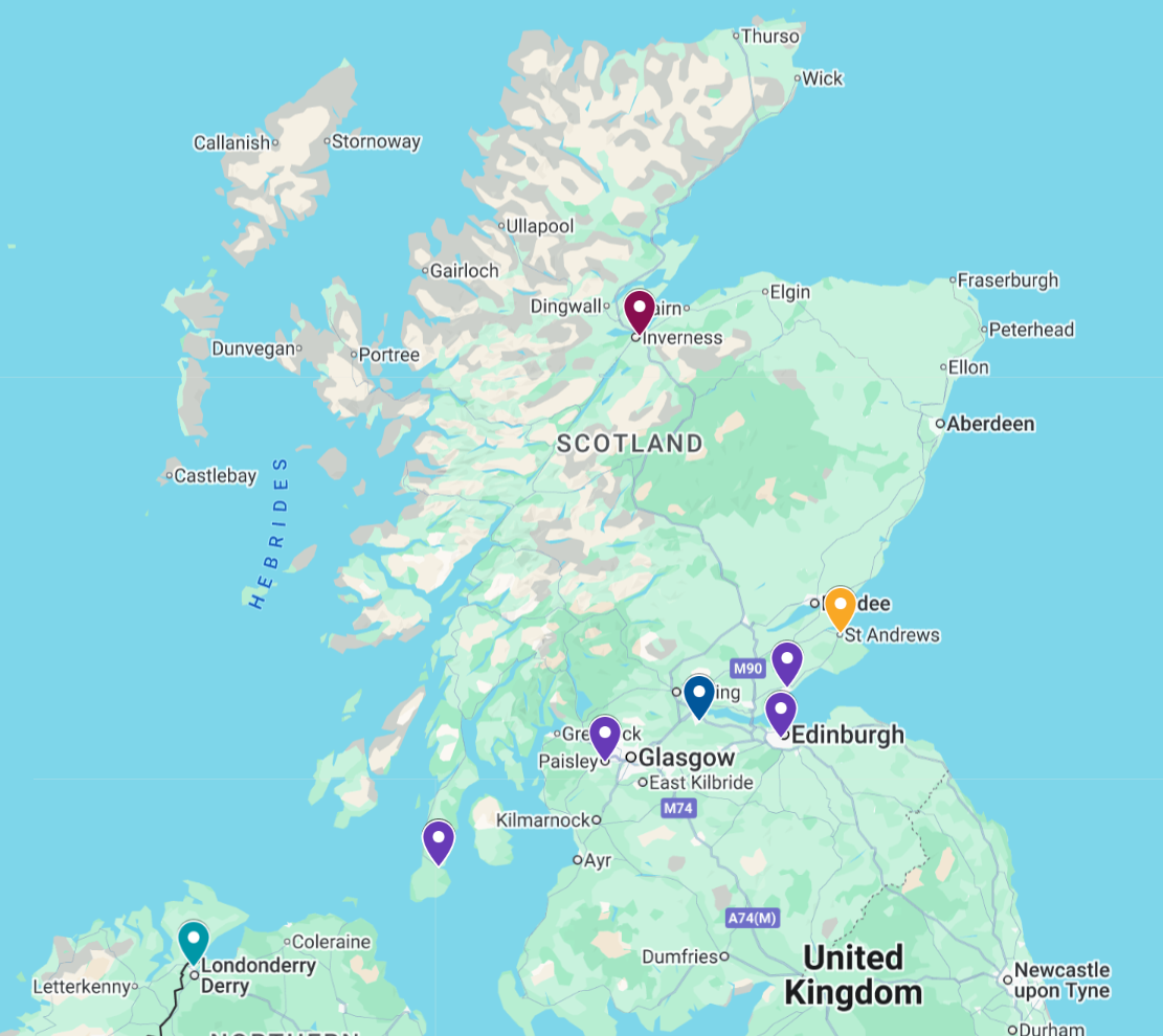 Map of Scotland with purple, blue, and yellow location markers, showing various cities and areas.