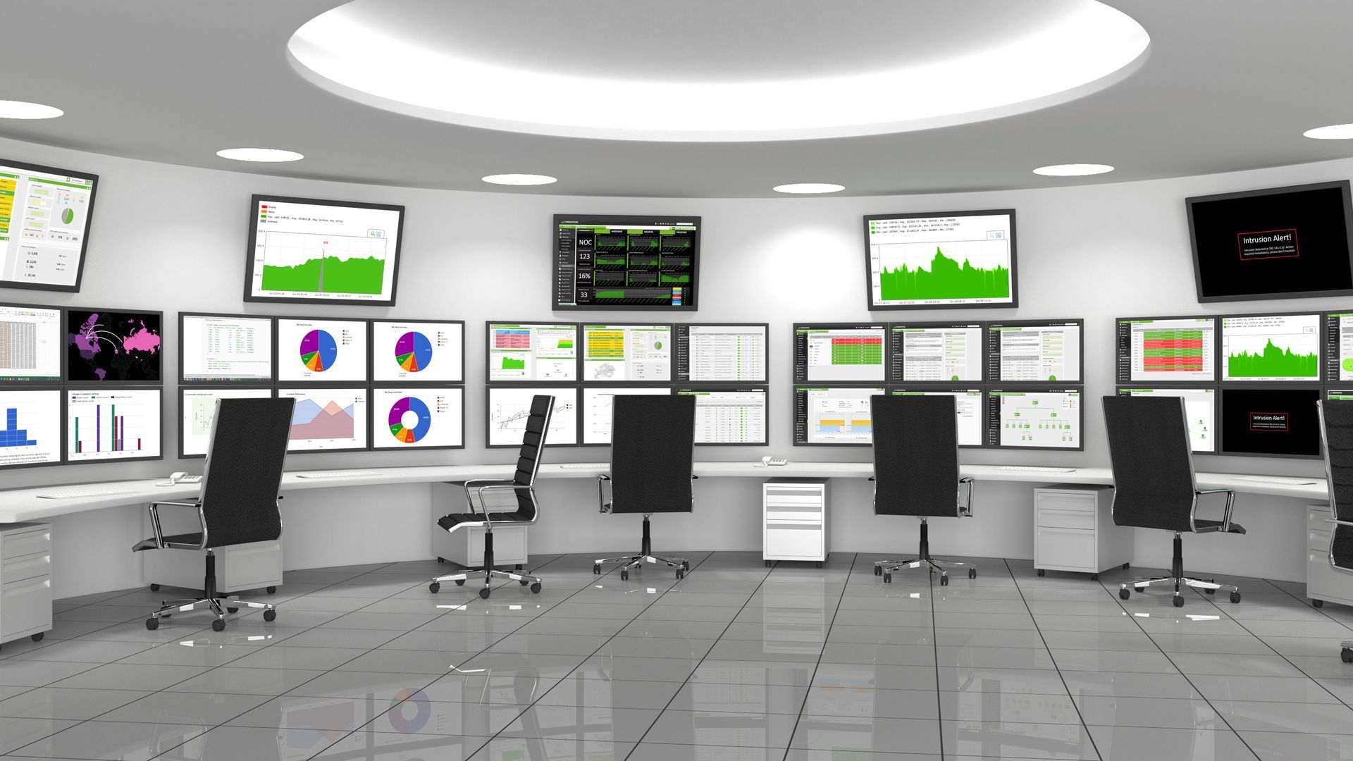 A control room with a lot of monitors and chairs
