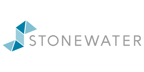 Stonewater logo: abstract geometric design with the company name in gray.