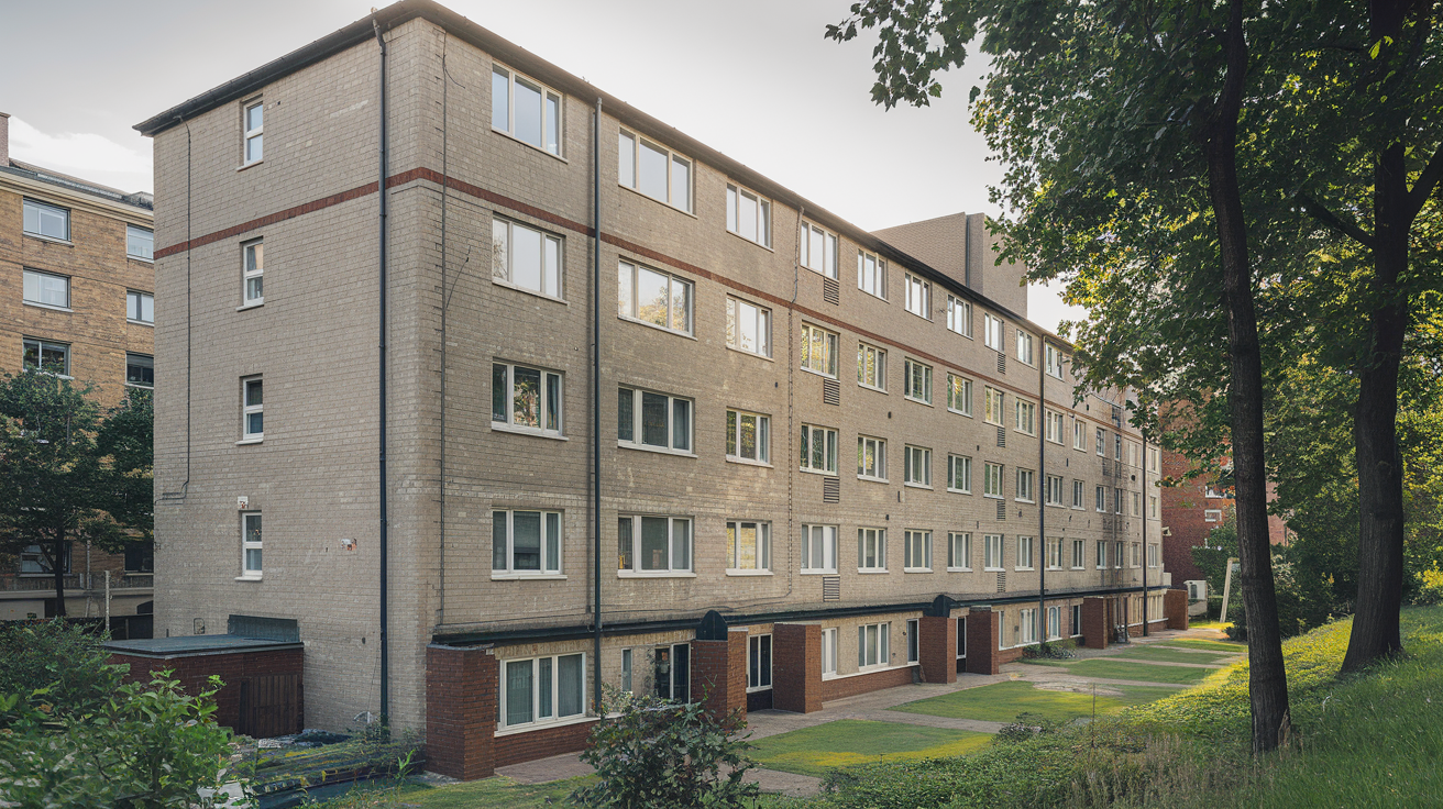 A person examines a complex plumbing system, writing on a clipboard. The system has red and blue pipes in a utility room.