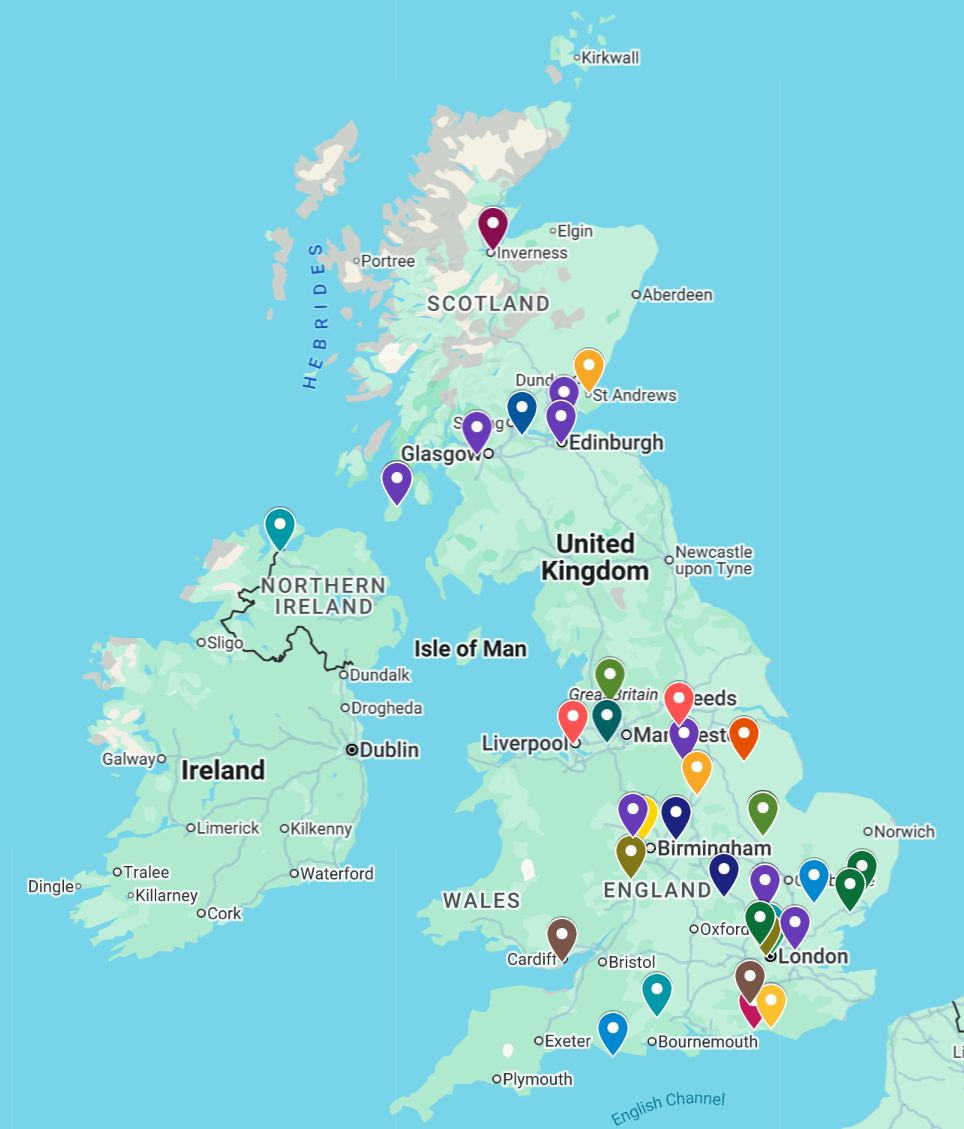Map of the United Kingdom and Ireland, with numerous colored pin markers indicating various locations.