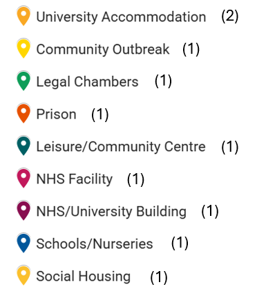 Map key showing locations, including university, community, legal, prison, leisure, NHS, and schools.