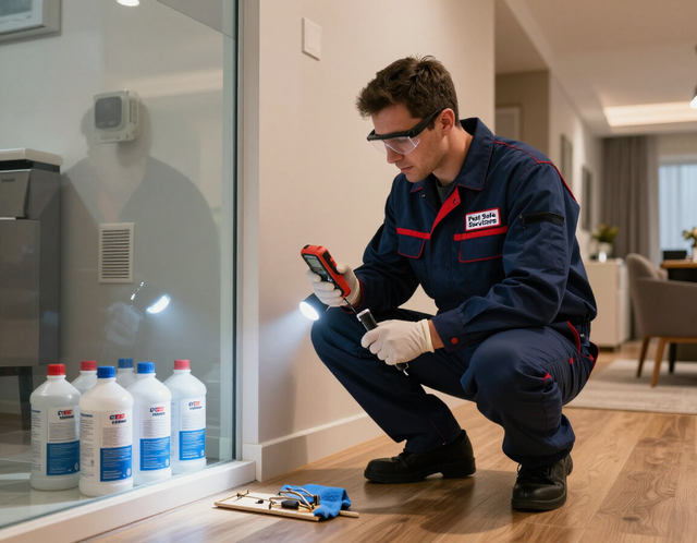 Técnico certificado inspeccionando una propiedad para control de plagas
