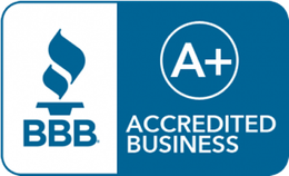 A blue and white logo that says bbb accredited business