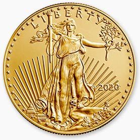 A gold coin with the statue of liberty on it.