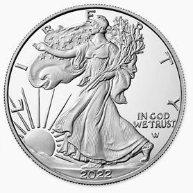 A close up of a silver eagle coin on a white background.