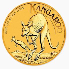 A gold coin with a kangaroo and a baby kangaroo on it.