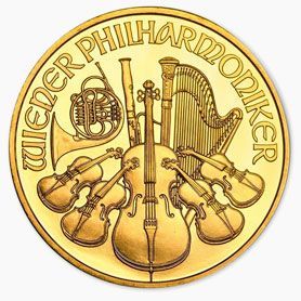 A gold coin with violins , a harp , and a trumpet on it.