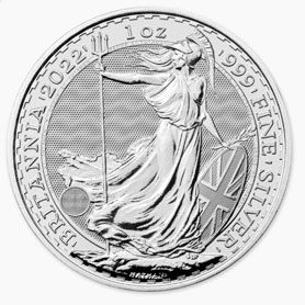 A silver coin with a statue of a woman on it.