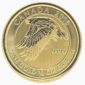 A gold coin from canada with an eagle on it