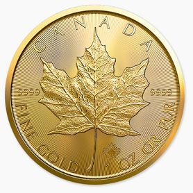 A gold coin from canada with a maple leaf on it