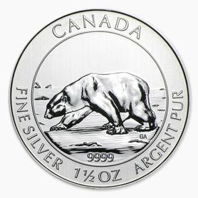A silver coin from canada with a polar bear on it