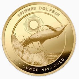 A gold coin with a picture of a dolphin on it