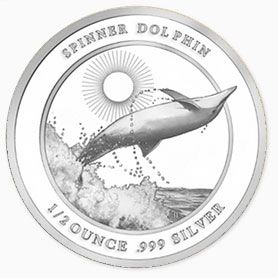 A silver coin with a picture of a dolphin on it