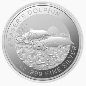 A silver coin with two dolphins on it