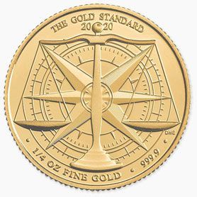 A gold coin with a scale and compass on it.