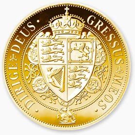 A gold coin with a coat of arms on it