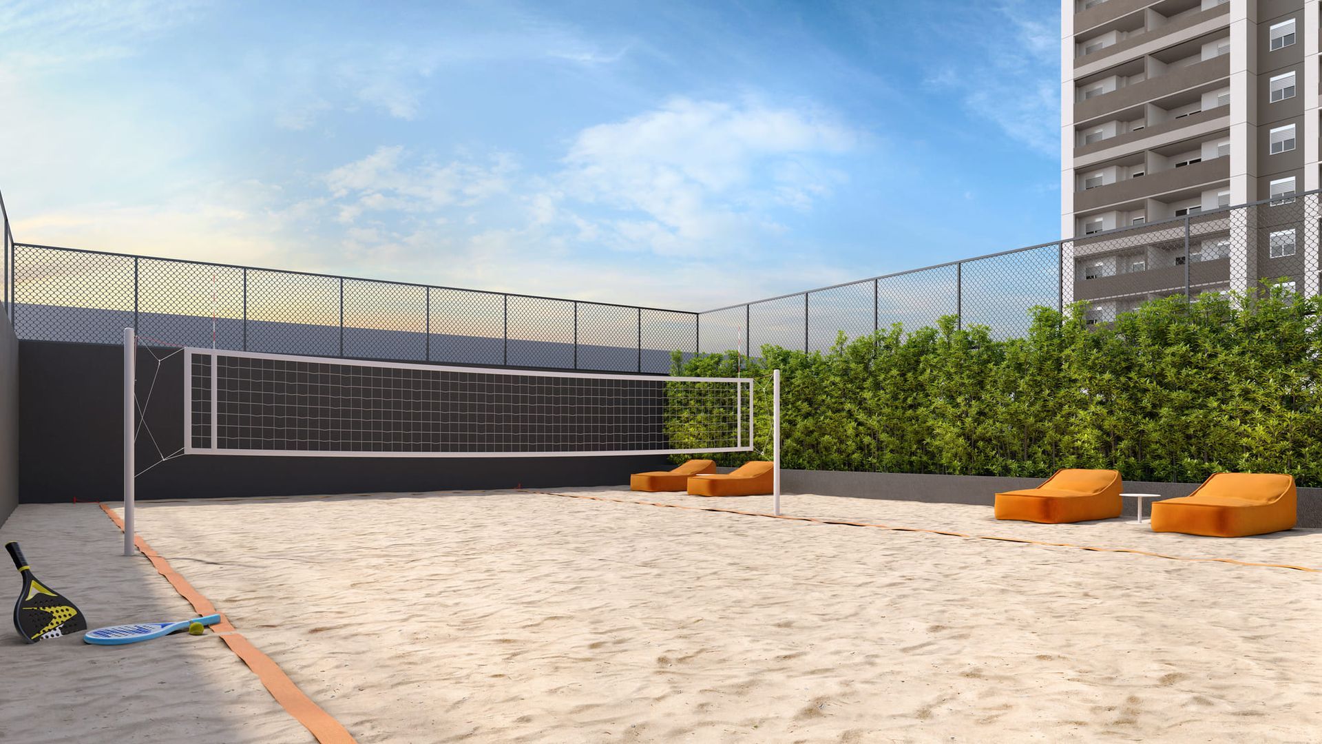 Perspectiva Ilustrada do beach tenis do empreendimento Full Estaiada