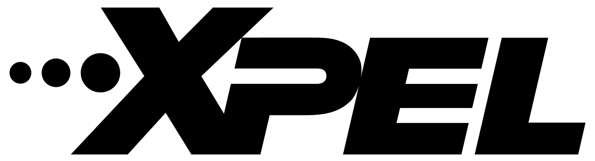A black and white logo for xpel on a white background.